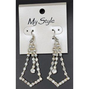 Rhinestone Earrings Fish Hook Dangle 2" drop New on Card